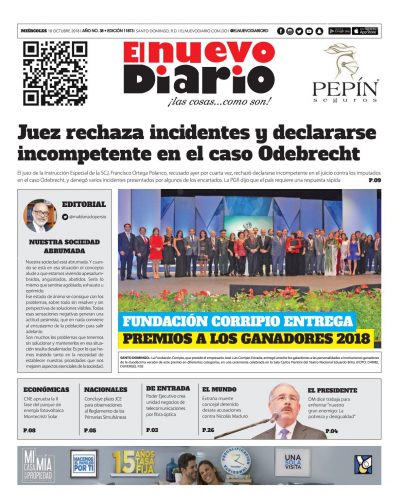 Portada Periódico El Nuevo Diario, Miércoles 10 de Octubre 2018