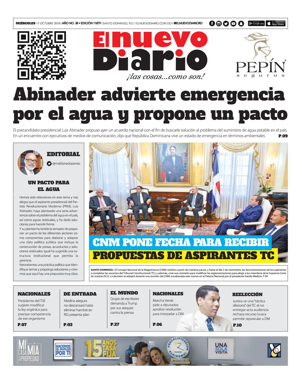 Portada Periódico El Nuevo Diario, Miércoles 17 de Octubre 2018