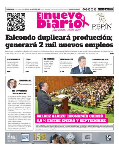 Portada Periódico El Nuevo Diario, Miércoles 24 de Octubre 2018
