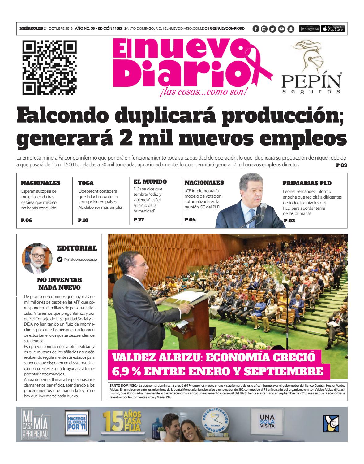 Portada Periódico El Nuevo Diario, Miércoles 24 de Octubre 2018