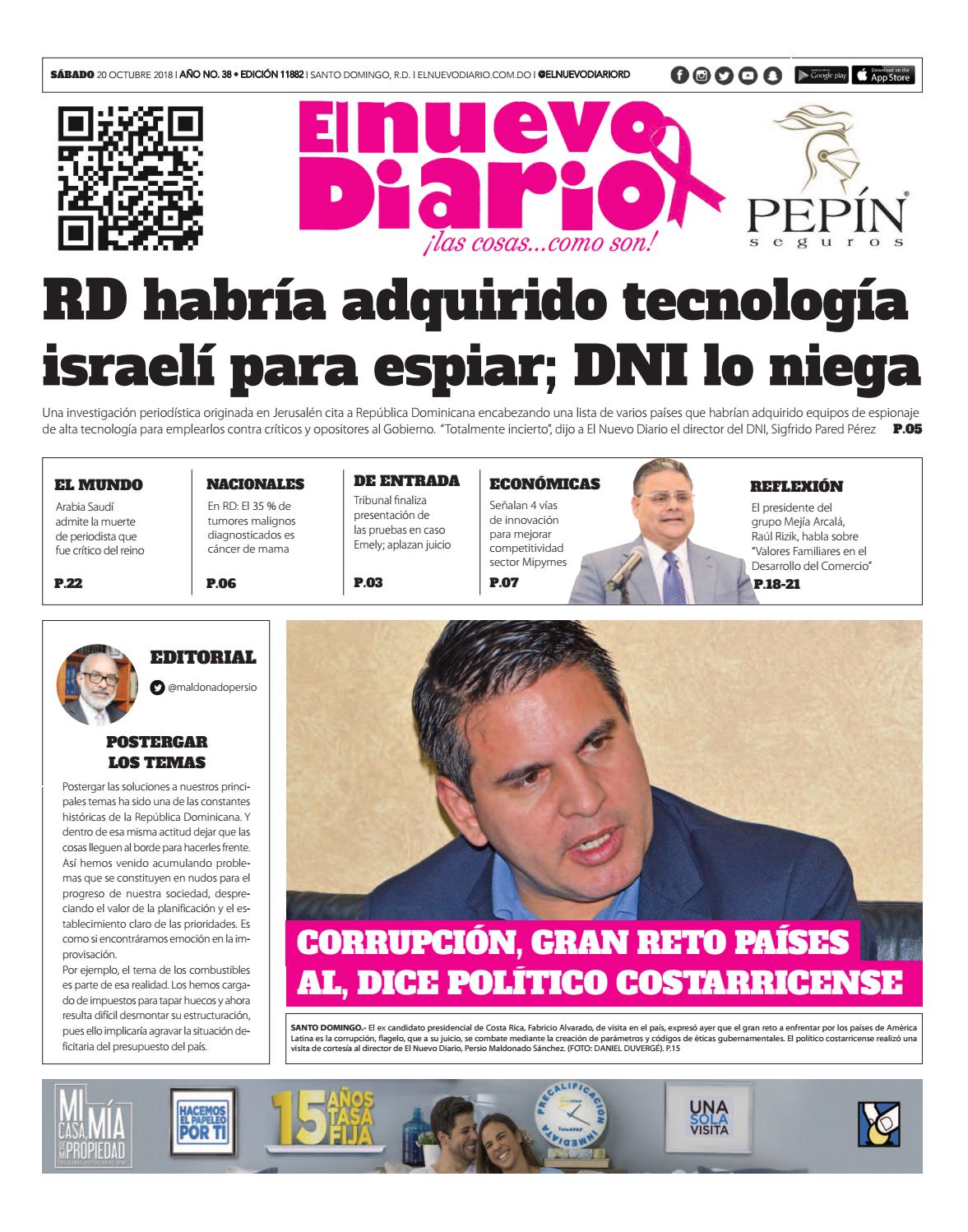 Portada Periódico El Nuevo Diario, Sábado 20 de Octubre 2018