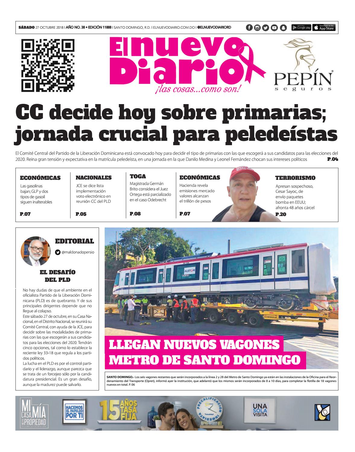 Portada Periódico El Nuevo Diario, Sábado 27 de Octubre 2018