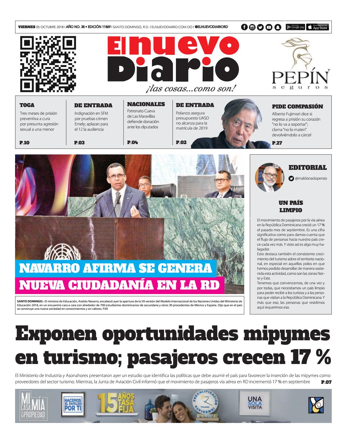 Portada Periódico El Nuevo Diario, Viernes 05 de Octubre 2018