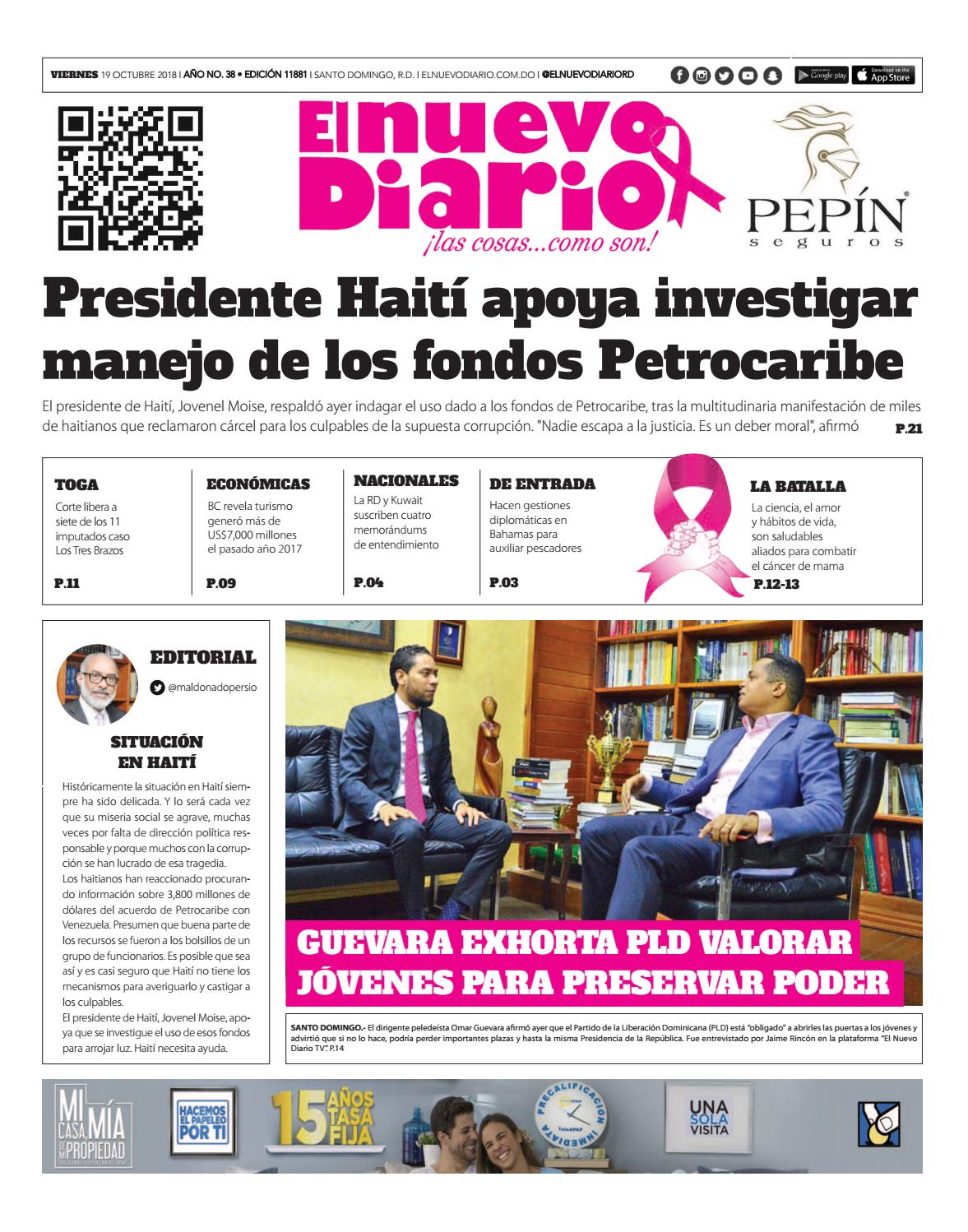 Portada Periódico El Nuevo Diario, Viernes 19 de Octubre 2018