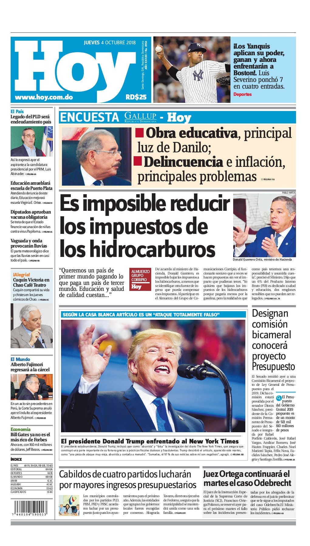 Portada Periódico Hoy, Jueves 04 de Octubre 2018