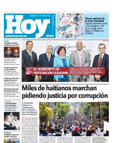 Portada Periódico Hoy, Jueves 18 de Octubre 2018