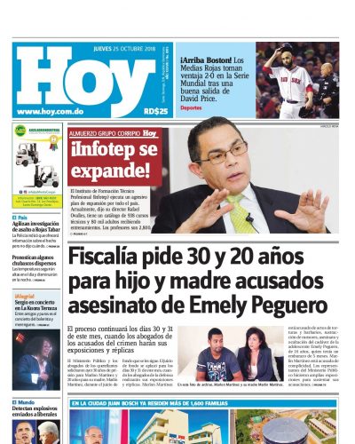 Portada Periódico Hoy, Jueves 25 de Octubre 2018