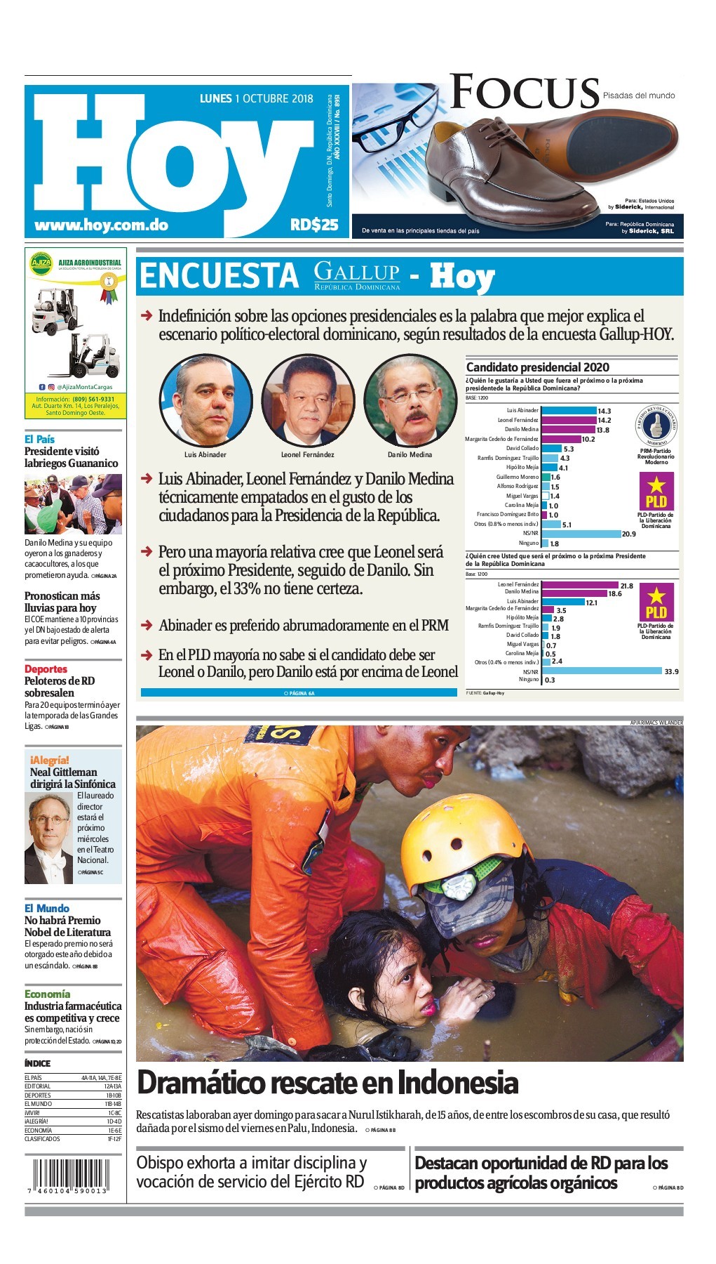 Portada Periódico Hoy, Lunes 01 de Octubre 2018