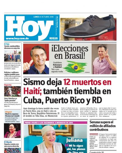 Portada Periódico Hoy, Lunes 08 de Octubre 2018