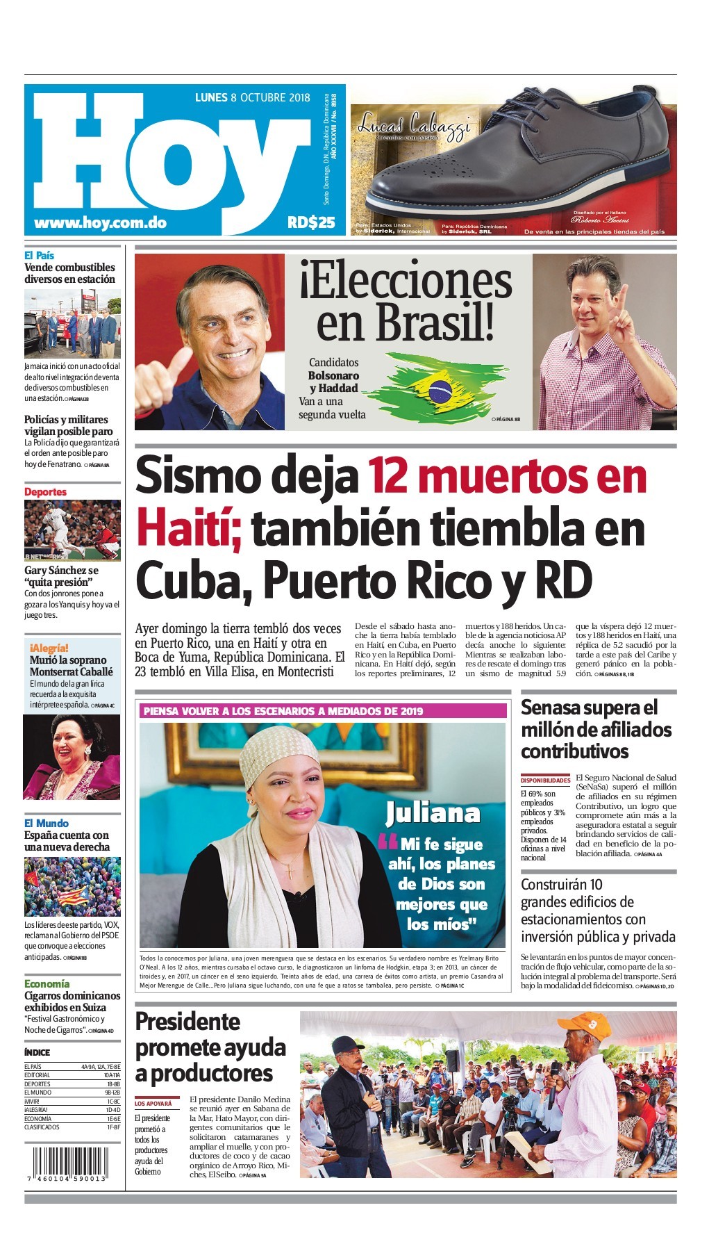 Portada Periódico Hoy, Lunes 08 de Octubre 2018