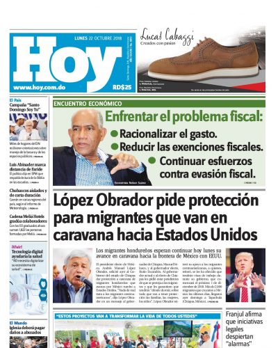 Portada Periódico Hoy, Lunes 22 de Octubre 2018