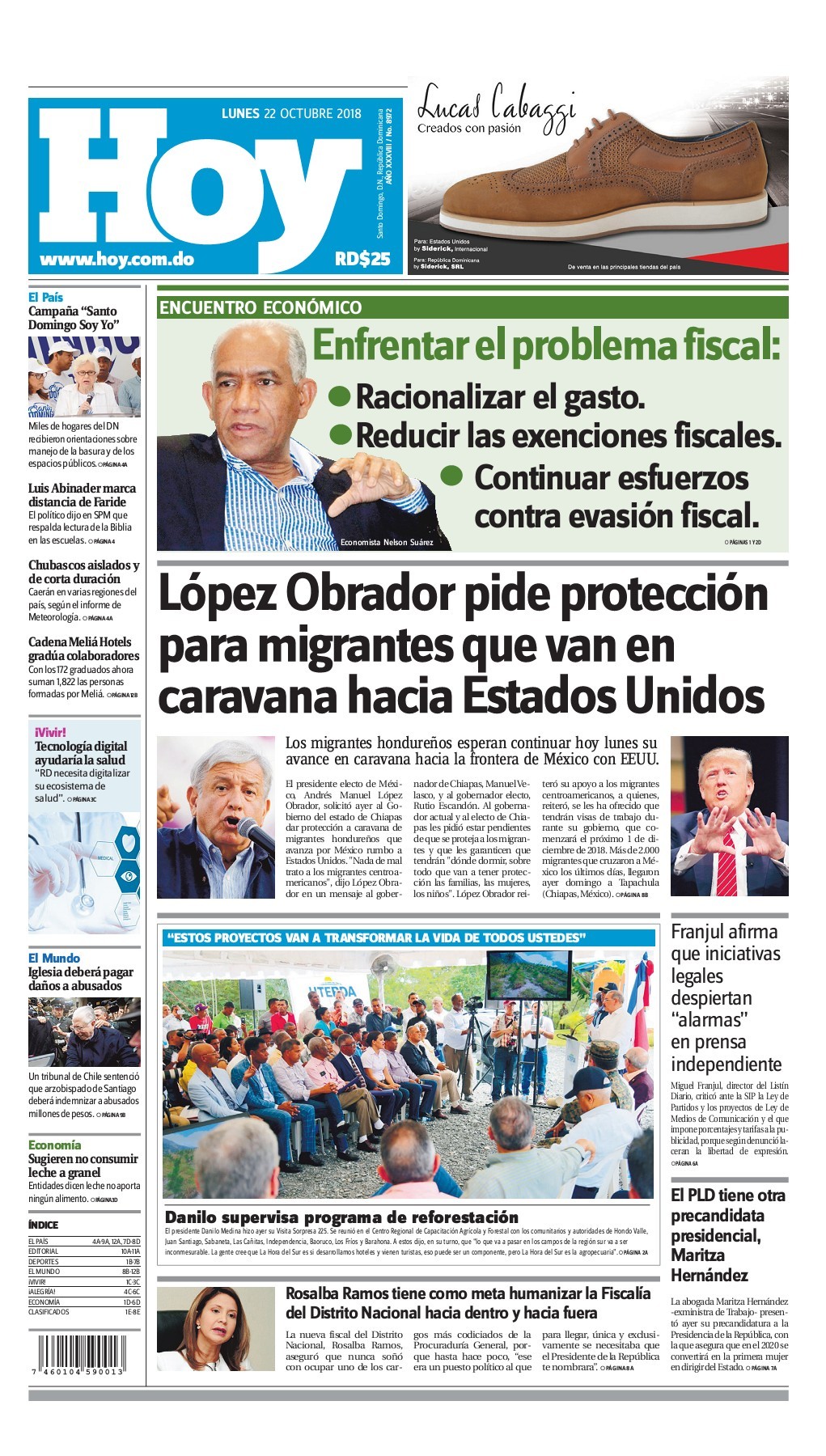 Portada Periódico Hoy, Lunes 22 de Octubre 2018