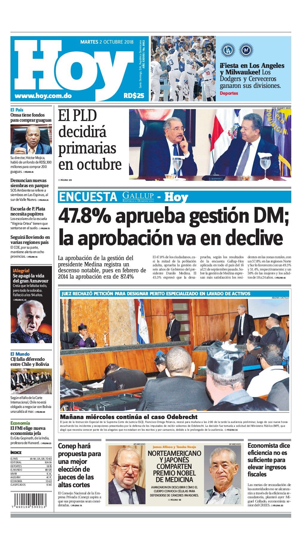 Portada Periódico Hoy, Martes 02 de Octubre 2018