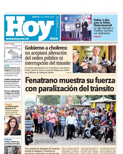 Portada Periódico Hoy, Martes 09 de Octubre 2018