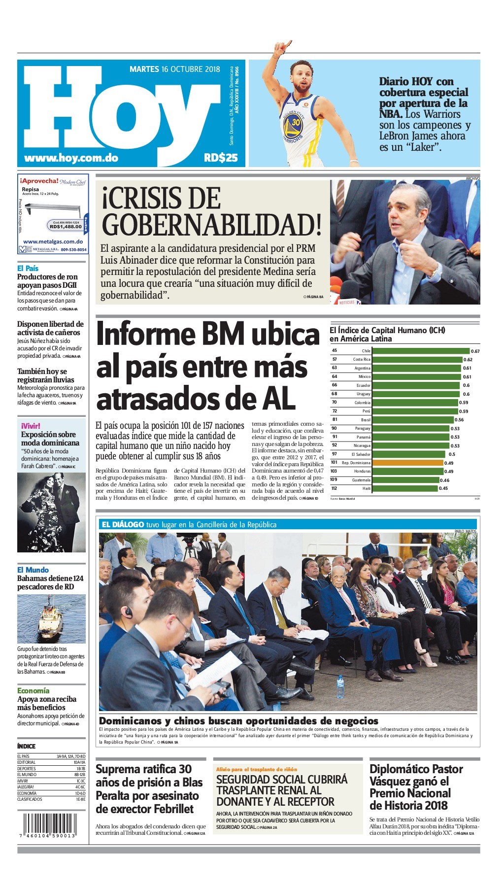 Portada Periódico Hoy, Martes 16 de Octubre 2018