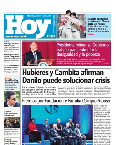 Portada Periódico Hoy, Miércoles 10 de Octubre 2018