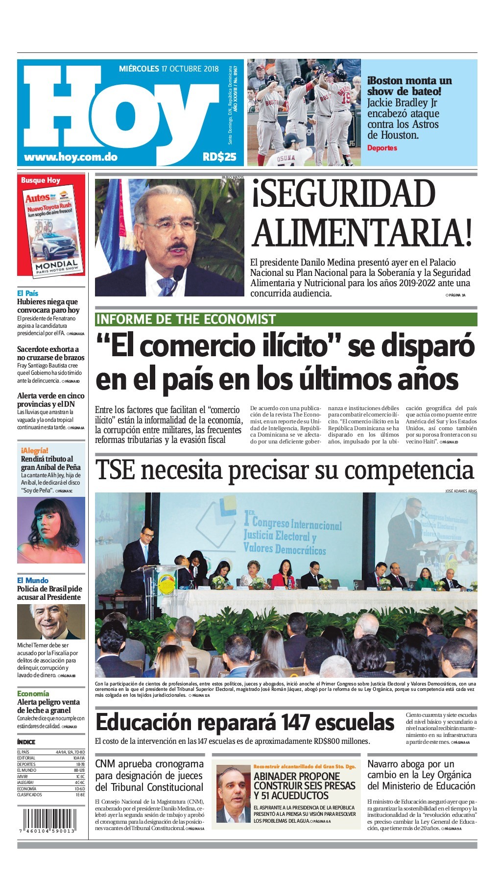 Portada Periódico Hoy, Miércoles 17 de Octubre 2018