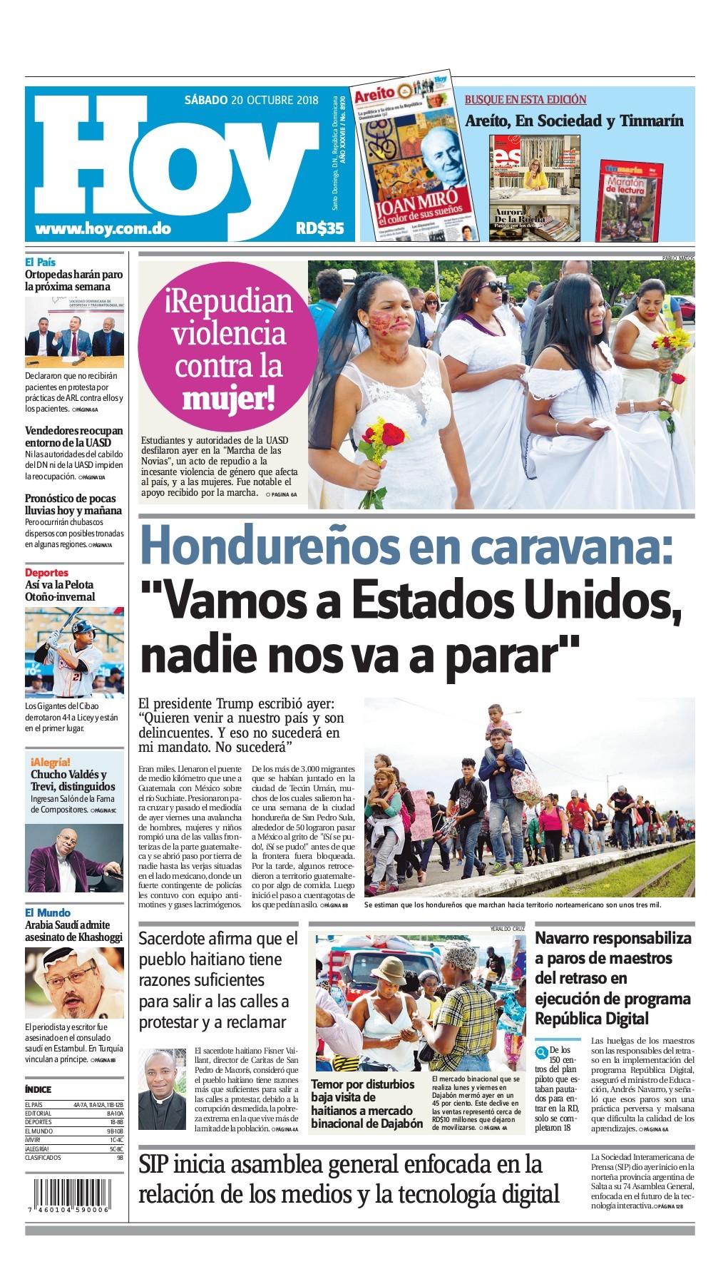 Portada Periódico Hoy, Sábado 20 de Octubre 2018