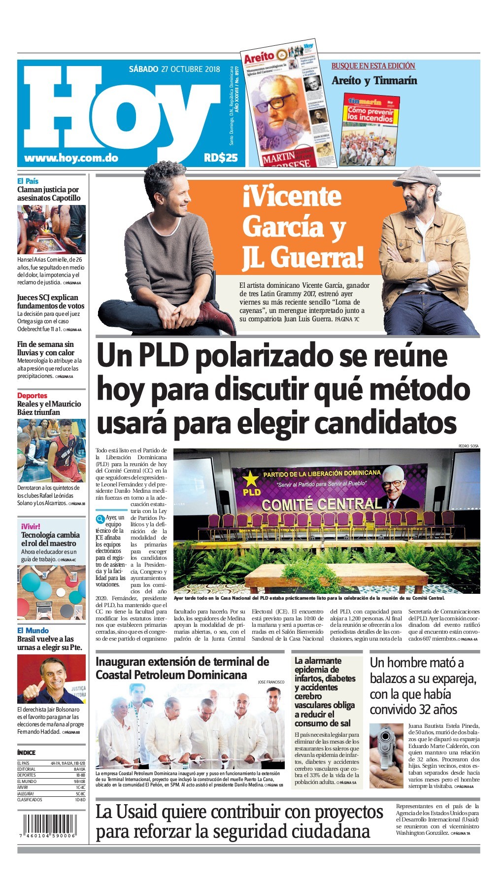 Portada Periódico Hoy, Sábado 27 de Octubre 2018