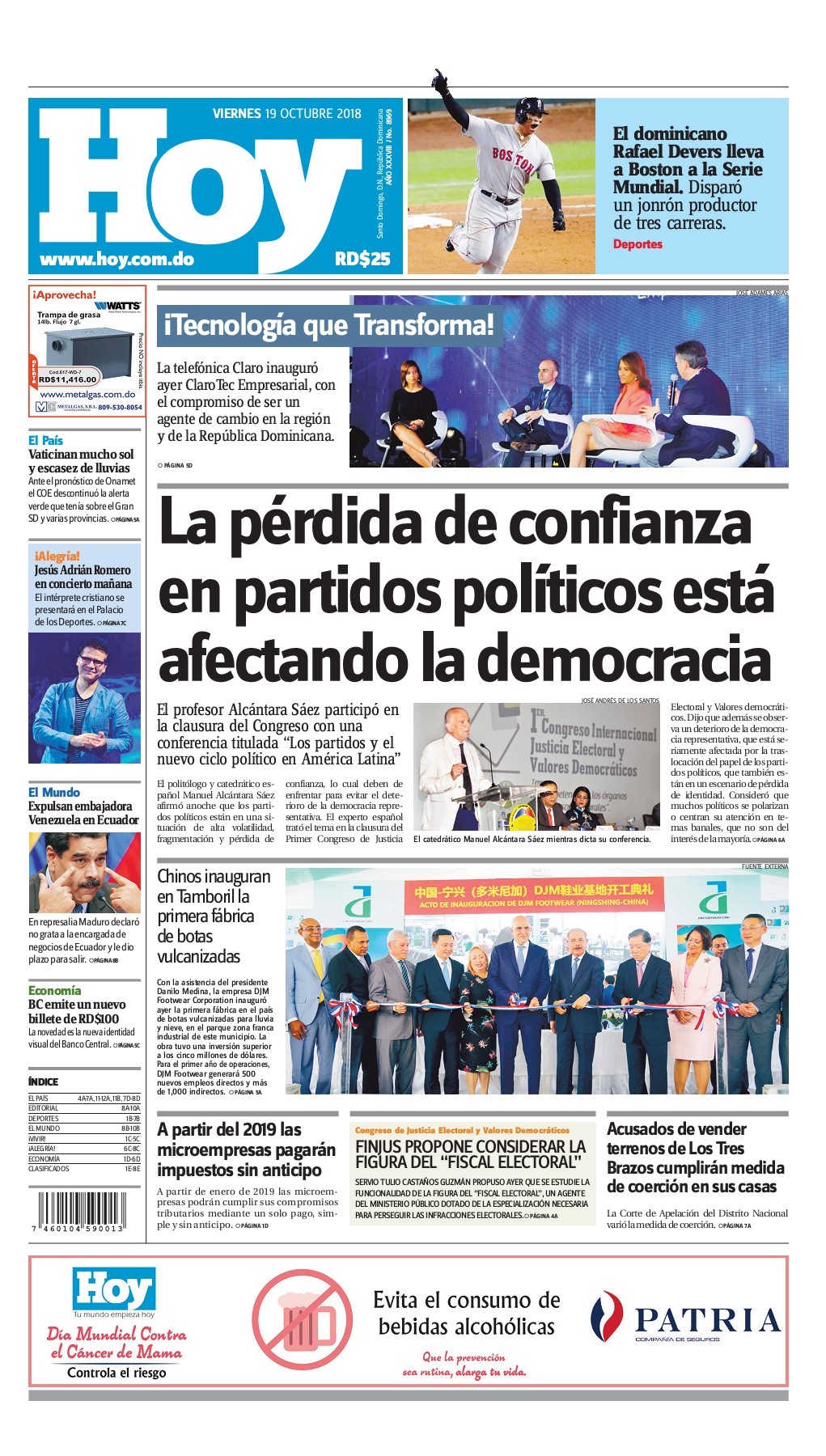 Portada Periódico Hoy, Viernes 19 de Octubre 2018