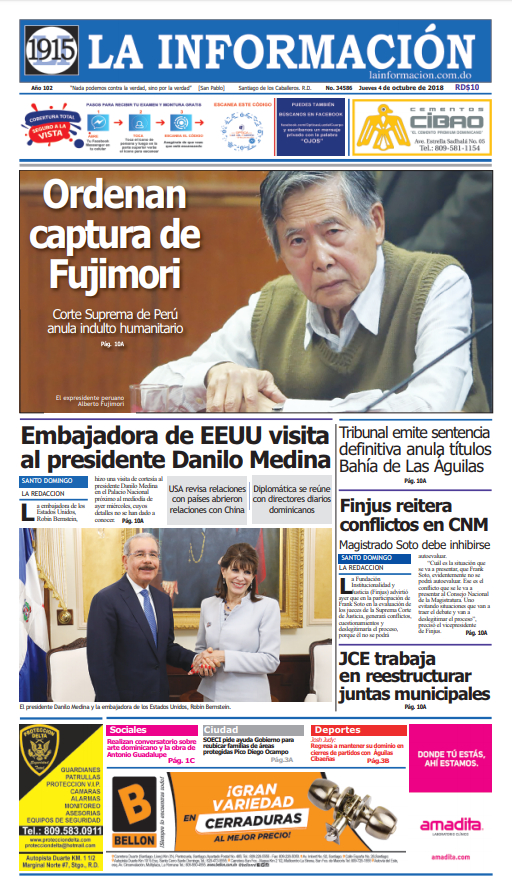 Portada Periódico La Información, Jueves 04 de Octubre 2018