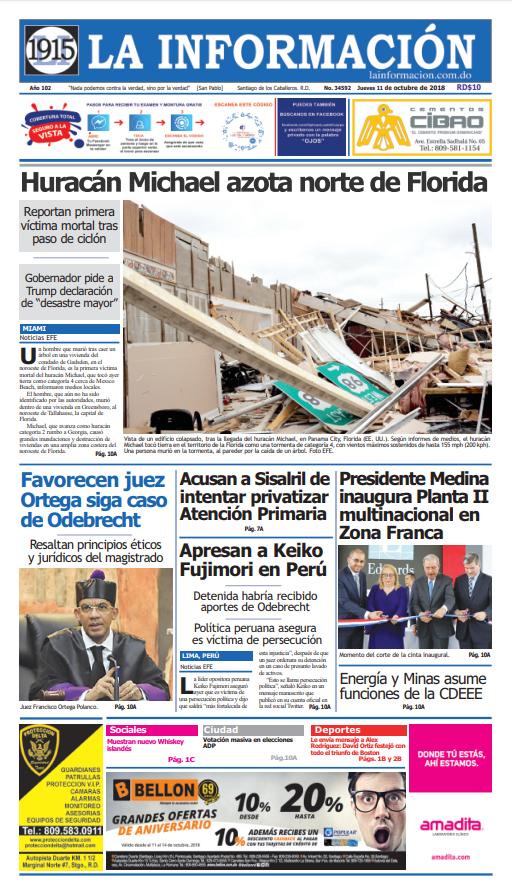 Portada Periódico La Información, Jueves 11 de Octubre 2018