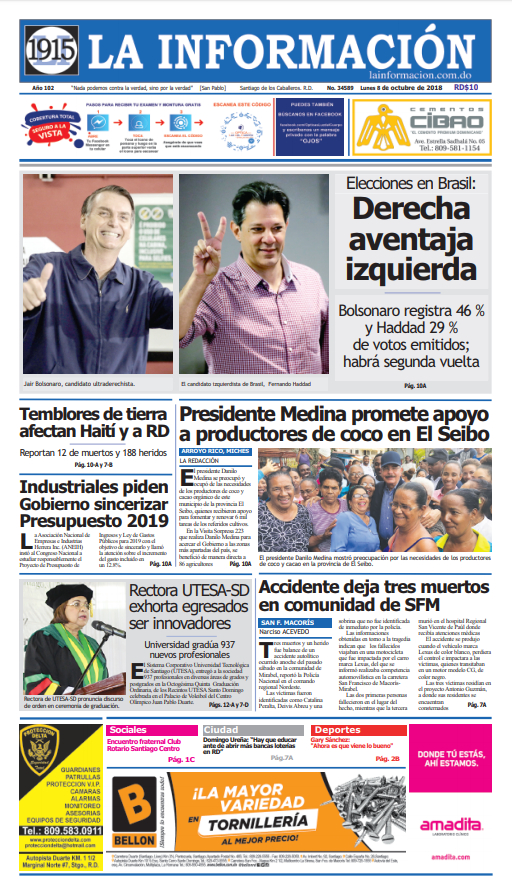 Portada Periódico La Información, Lunes 08 de Octubre 2018