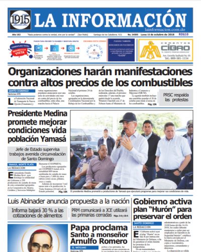 Portada Periódico La Información, Lunes 15 de Octubre 2018