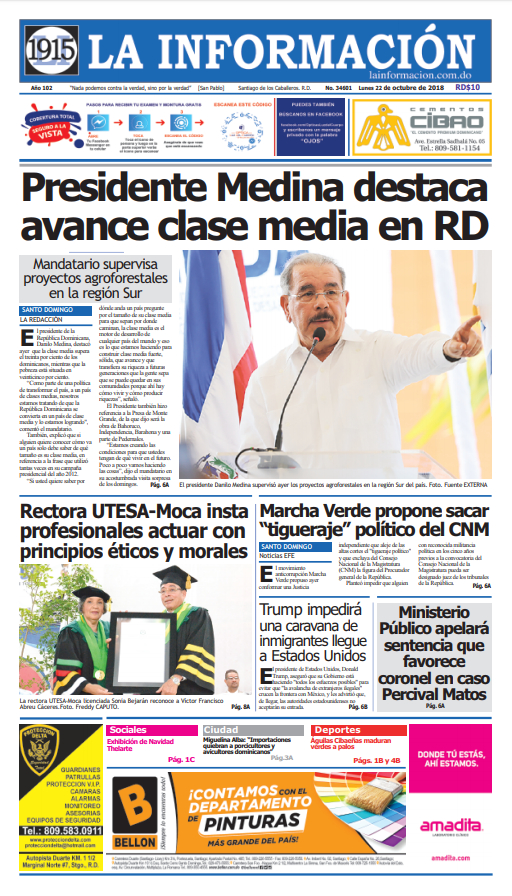Portada Periódico La Información, Lunes 22 de Octubre 2018