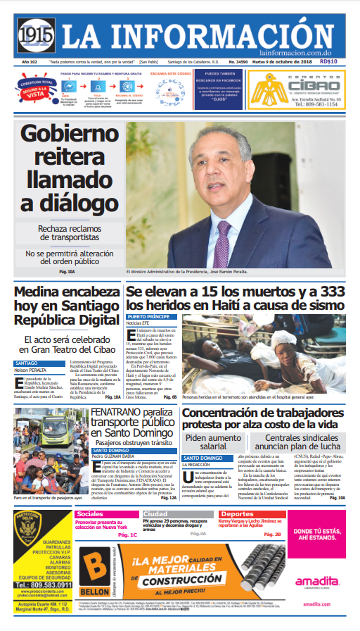 Portada Periódico La Información, Martes 09 de Octubre 2018