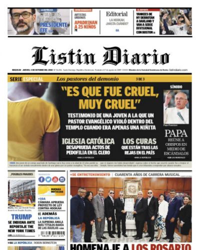 Portada Periódico Listín Diario, Jueves 04 de Octubre 2018