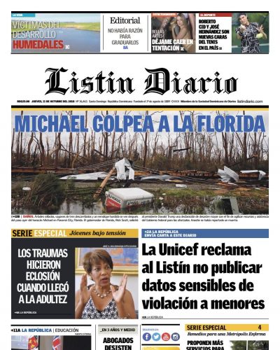 Portada Periódico Listín Diario, Jueves 11 de Octubre 2018