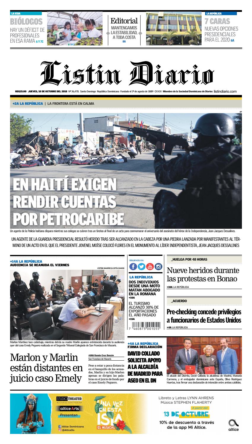 Portada Periódico Listín Diario, Jueves 18 de Octubre 2018