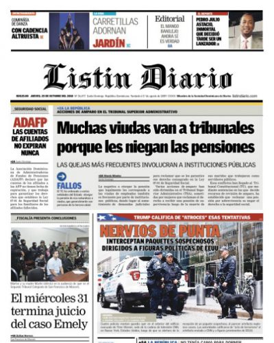 Portada Periódico Listín Diario, Jueves 25 de Octubre 2018