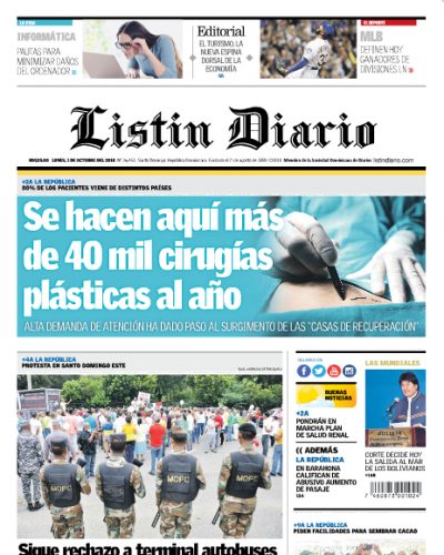 Portada Periódico Listín Diario, Lunes 01 de Octubre 2018
