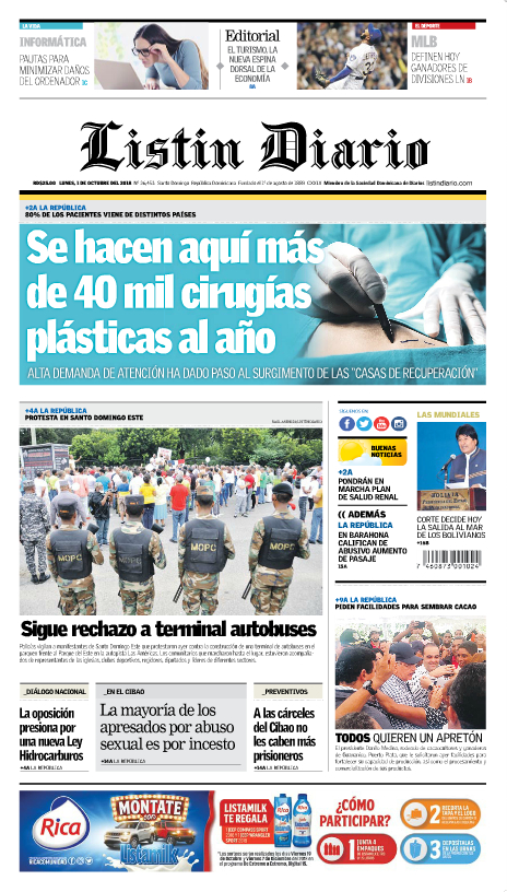 Portada Periódico Listín Diario, Lunes 01 de Octubre 2018