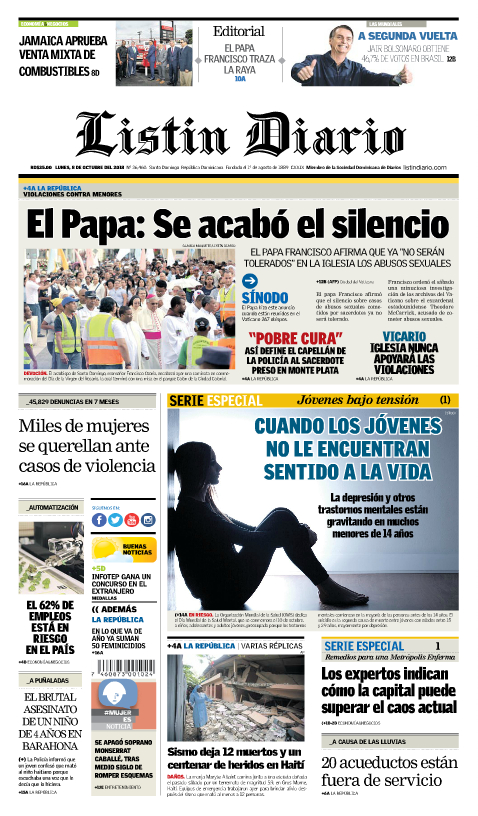 Portada Periódico Listín Diario, Lunes 08 de Octubre 2018