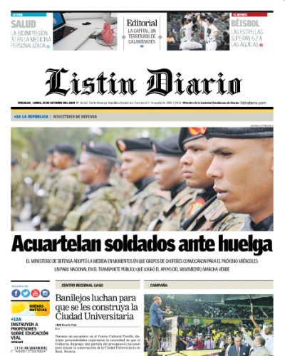Portada Periódico Listín Diario, Lunes 15 de Octubre 2018