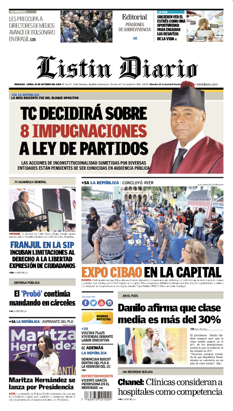 Portada Periódico Listín Diario, Lunes 22 de Octubre 2018