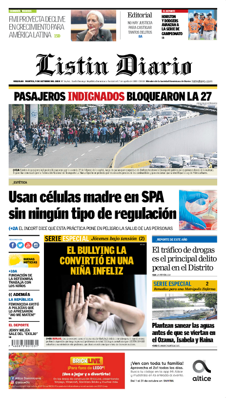 Portada Periódico Listín Diario, Martes 09 de Octubre 2018