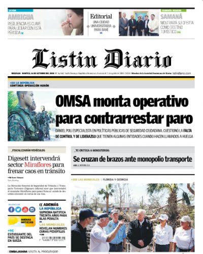 Portada Periódico Listín Diario, Martes 16 de Octubre 2018