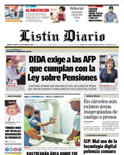 Portada Periódico Listín Diario, Martes 23 de Octubre 2018