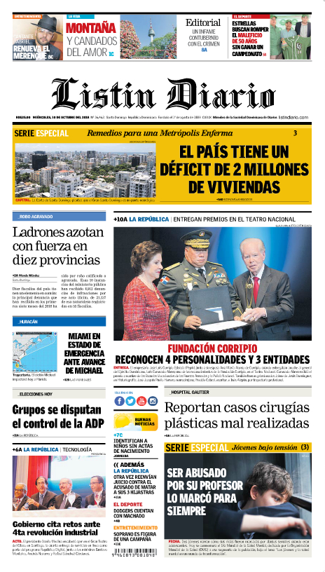 Portada Periódico Listín Diario, Miércoles 10 de Octubre 2018