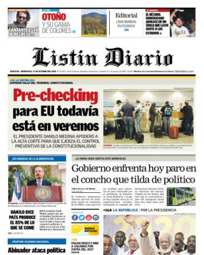 Portada Periódico Listín Diario, Miércoles 17 de Octubre 2018