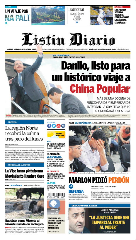 Portada Periódico Listín Diario, Miércoles 31 de Octubre 2018