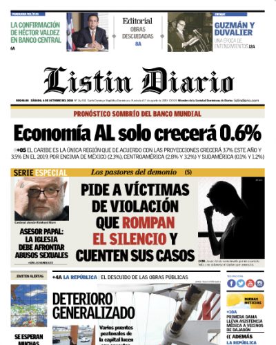 Portada Periódico Listín Diario, Sábado 06 de Octubre 2018