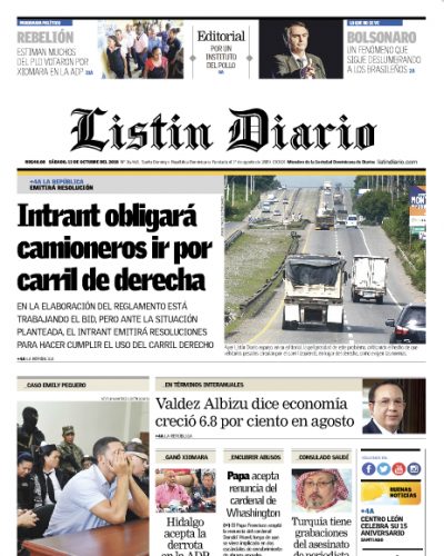 Portada Periódico Listín Diario, Sábado 13 de Octubre 2018