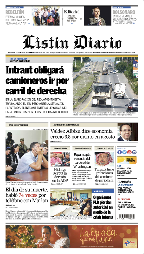 Portada Periódico Listín Diario, Sábado 13 de Octubre 2018