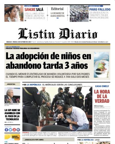 Portada Periódico Listín Diario, Sábado 20 de Octubre 2018