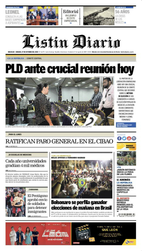 Portada Periódico Listín Diario, Sábado 27 de Octubre 2018